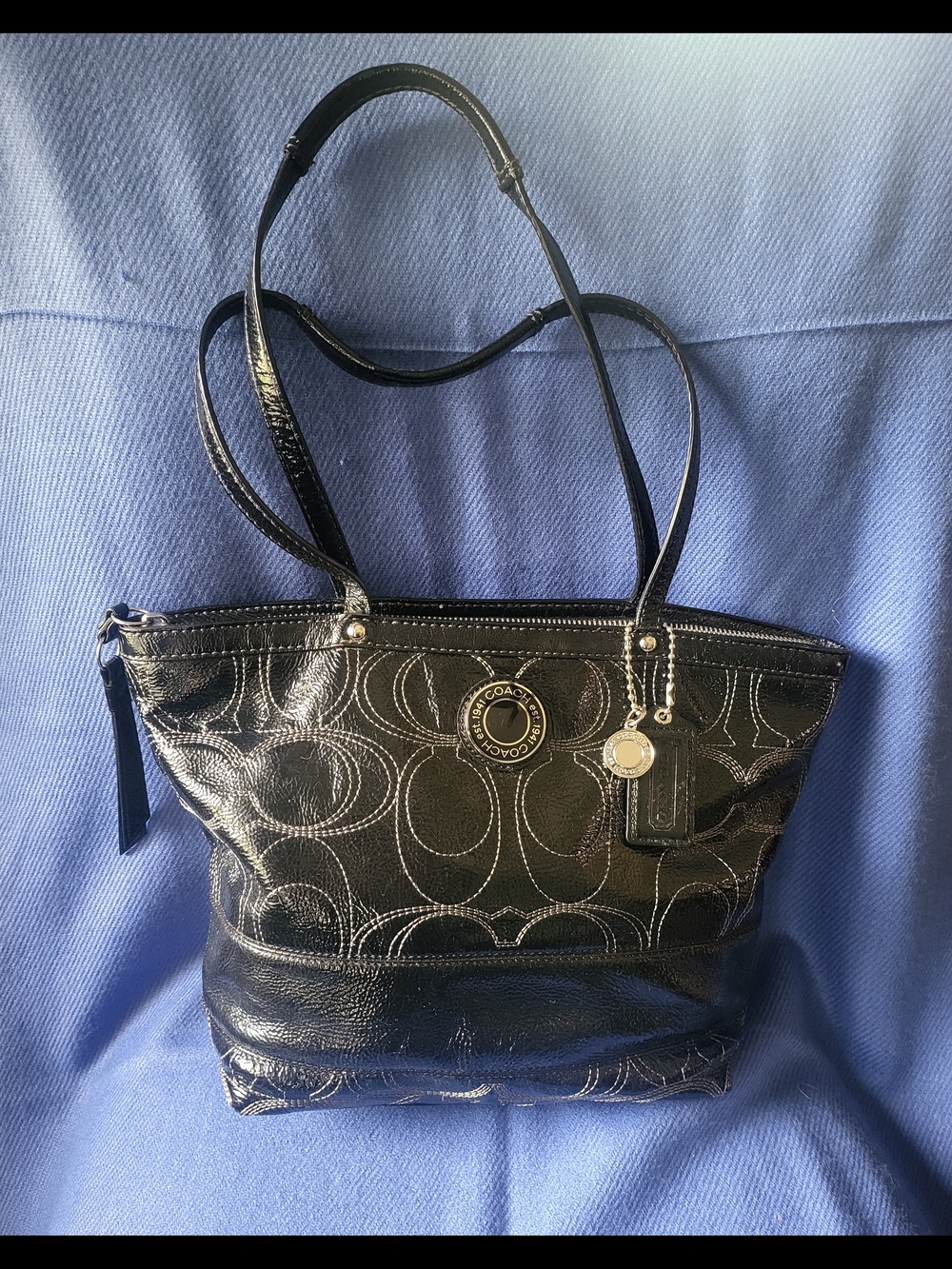 Coach Black Signature Patent Leather Tote